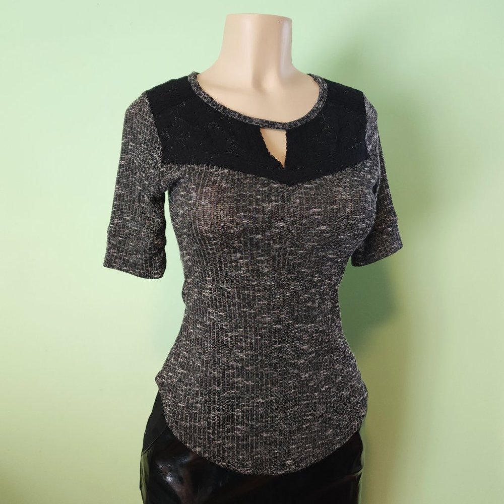 Gothic Grey Boho Floral Lace Elbow Sleeved Top With Crotchet Trim Details